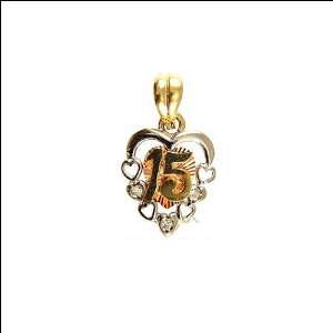 14k Tricolor Gold, 15 Anos Heart Quinceanera Pendant Charm Lab Created 