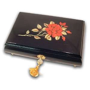 Exclusive Red Rose on a Black Glossy Finish Gorgeous Music Jewelry Box 