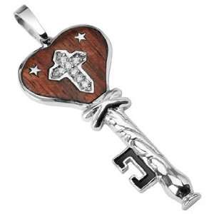   Key Pendant with 2 Stars & CZ Gemmed Cross in Middle   62mm x 28mm