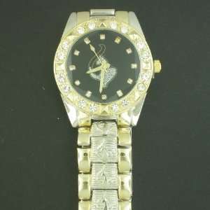   TWO TONE BLACK FACE GOLD LOGO BLING HIP HOP WATCH: Everything Else
