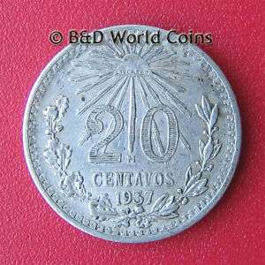 MEXICO 1937 20 CENTAVOS SILVER 19mm coin KM# 438  