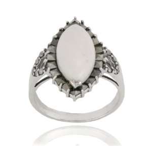   Silver Marcasite and White Agate Marquis Ring, Size 8 Jewelry