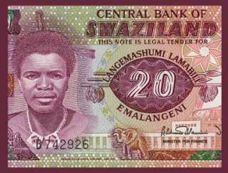 20 EMALANGENI Note of SWAZILAND 1986: King MSAWTI   UNC  