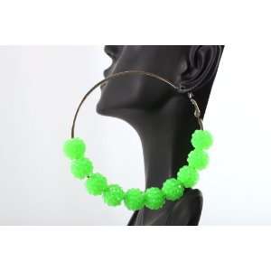  Neon Green Shamballah 3 Inch Hoop Earrings with 10 Disco 