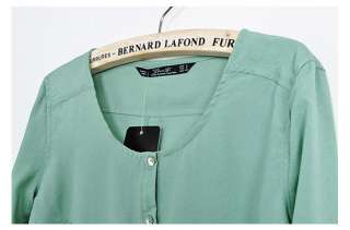 Women Collarless Button front Long Sleeve Chiffon Shirts Blouse Tops 