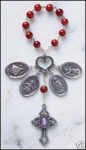 Divine Mercy red bead Italian 1 decade rosary w/medals  
