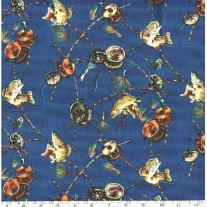   Fishing Fly Fishing Dk.Blue Fabric By The Yard: Arts, Crafts & Sewing