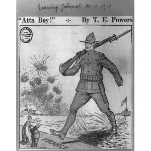  Atta boy,1918,political cartoon,giant US soldier stepping 