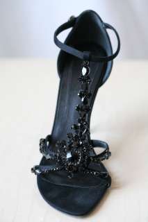   MCQUEEN Black Crystal Ankle T Strap Pump High Heel Sandal Shoe 8 38
