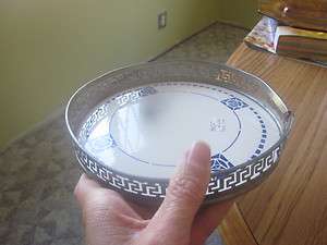ANTIQUE GERMAN TRAY BLUE AND WHITE WITH SILVER RIM 7 diameter  