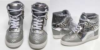 Womens Shiny Stud High Top Sneakers Spike Wedge Heel Shoes US 6~8 