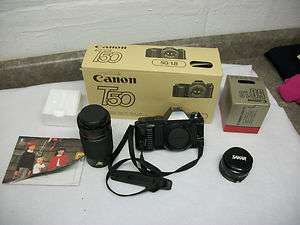 Canon T50 35mm Camera W/ 200 mm lens Original Box VERY NICE 50/1.8 
