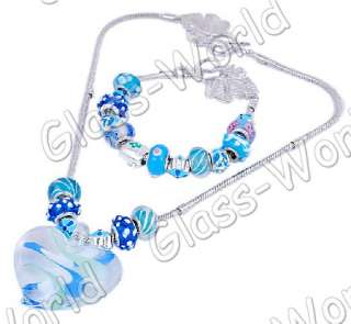 Blue Mix Charms Beads Heart Pendant Necklace+Bracelet