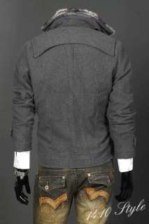 NWT Men Stylish Luxury Fur Collar Gray Wool Coat M L XL  