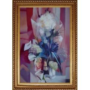 Bouquet in Pink Background Oil Painting, with Exquisite Dark Gold Wood 