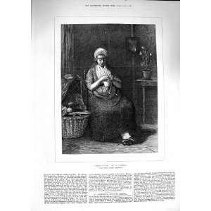  1874 Expextation Young Woman Sitting Chair Knitting: Home 