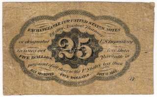 1862 UNITED STATES, 25 CENT (25¢) Note, POSTAGE CURRENCY, First Issue 