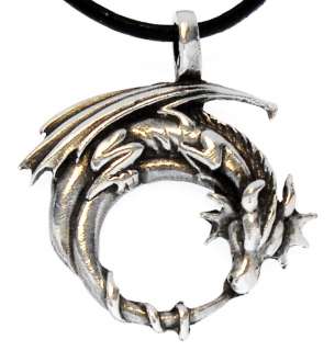 GOTHIC DRAGON Silver Pewter Pendant Leather Necklace  