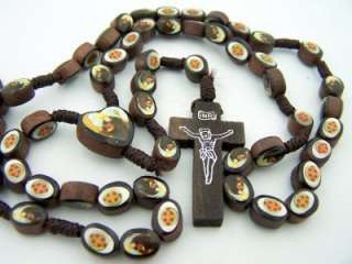 Rare Wood Heart of Saint St Benedict Rosary Medal Beads Necklace Cross 