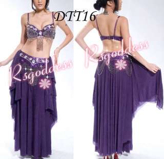   purple belly dance costume 3 pics bra belt skirt 36D 38D  