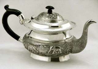 Indian Sterling Silver Village Tea Set & Tray Signed 66oz c1890  