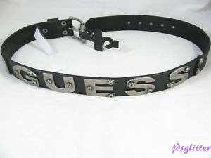 GUESS Black/Silver Text Mens Logo Leather Belt NWT  