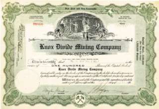 Knox Divide Mining Company Stock Certificate, Tonopah, Nevada  