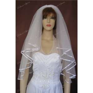   2T White Fingertip Rhinestone Satin Ribbon Edge Wedding Veil Beauty