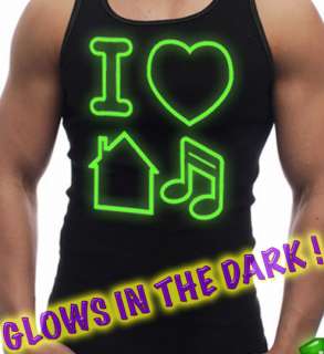 Mens Tank Top I LOVE HOUSE MUSIC Glow In The Dark Neon Green techno 