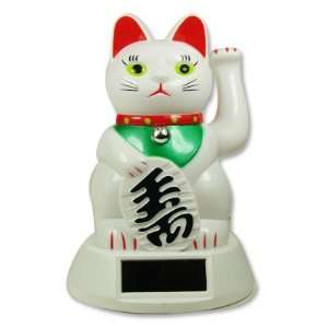 Japanese Maneki Neko Fortune Cat Lucky Cat White Solar Powered Waving 