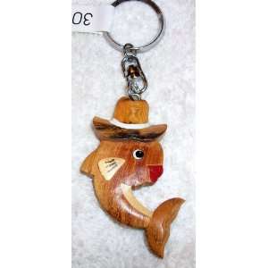 : Wooden Hand Crafted Dolphin Wearing a Hat Key Ring, Key Chain, Key 