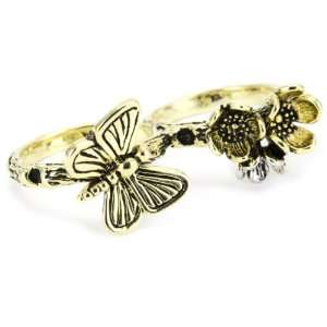   Enchanted Butterfly and Flower Two Finger Ring, Size 8/9 Jewelry