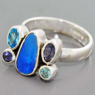 Australian Blue Opal Iolite Topaz Gemstone 925 Sterling Silver Ring 