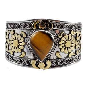   Tibetan Sterling Silver Tiger Eye Gold Flower Wide Bracelet Jewelry