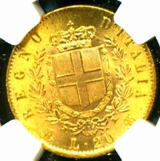1873 M ITALY GOLD COIN 20 LIRE * NGC MS 63 * SCARCE GEM  