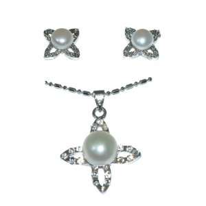  Four Petal Flower Embedded w/ White Pearl Jewelry Set 