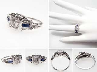 Vintage Diamond & Blue Sapphire Engagement Ring Solid Platinum 