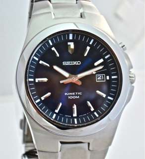 Seiko Mens Kinetic Watch Stainless Steel Band / Dark Blue Dial 