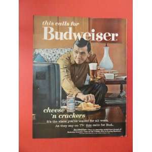 Budweiser Beer, 1963 Print Ad. (cheese N crackers.) Original Vintage 