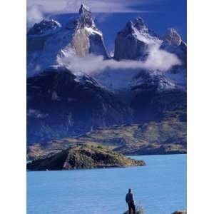  Hiker and Cuernos del Paine, Torres del Paine National 