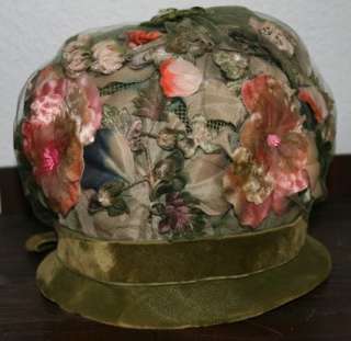 Mr Charles Vintage Floral Hat Green Velvet Pink Flowers Union Made 