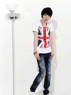 New Mens Fashion Korea Union Jack Printed Short T shirt White M L XL 