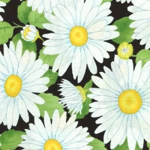 LARGE WHITE DAISIES ON BLACK   Cotton Quilt Fabric  