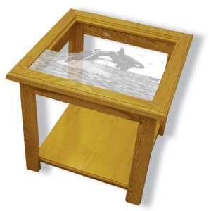 Oak Glass Top End Table With Orca Whale Etched Glass   Orca Whale End 