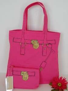 New MICHAEL KORS Hamilton Trompe Loeil Pink Tote Handbag & Cosmetic 