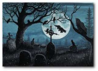 Black Cat Society Cemetery Fireflies Moon Raven  Dark Art BiHrLe LE 