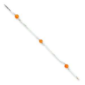    Sterling Silver 10inch Carnelian Beaded Figaro Anklet Jewelry