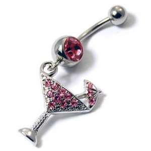   Pink Crystal Martini with Umbrella Accent Belly/Navel Ring Silver Tone