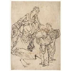 Japanese Print Drawing shows a man with two children and a large bird 