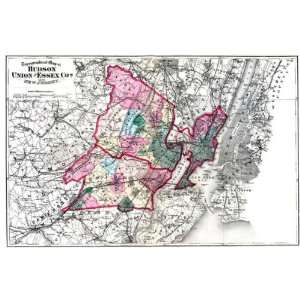   HUDSON, UNION, & ESSEX COUNTY NEW JERSEY (NJ) MAP 1872